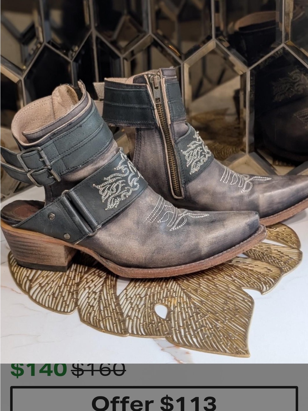 Freebird Distressed Gray Ankle Booties with Embroidered Strap Worn 1 time